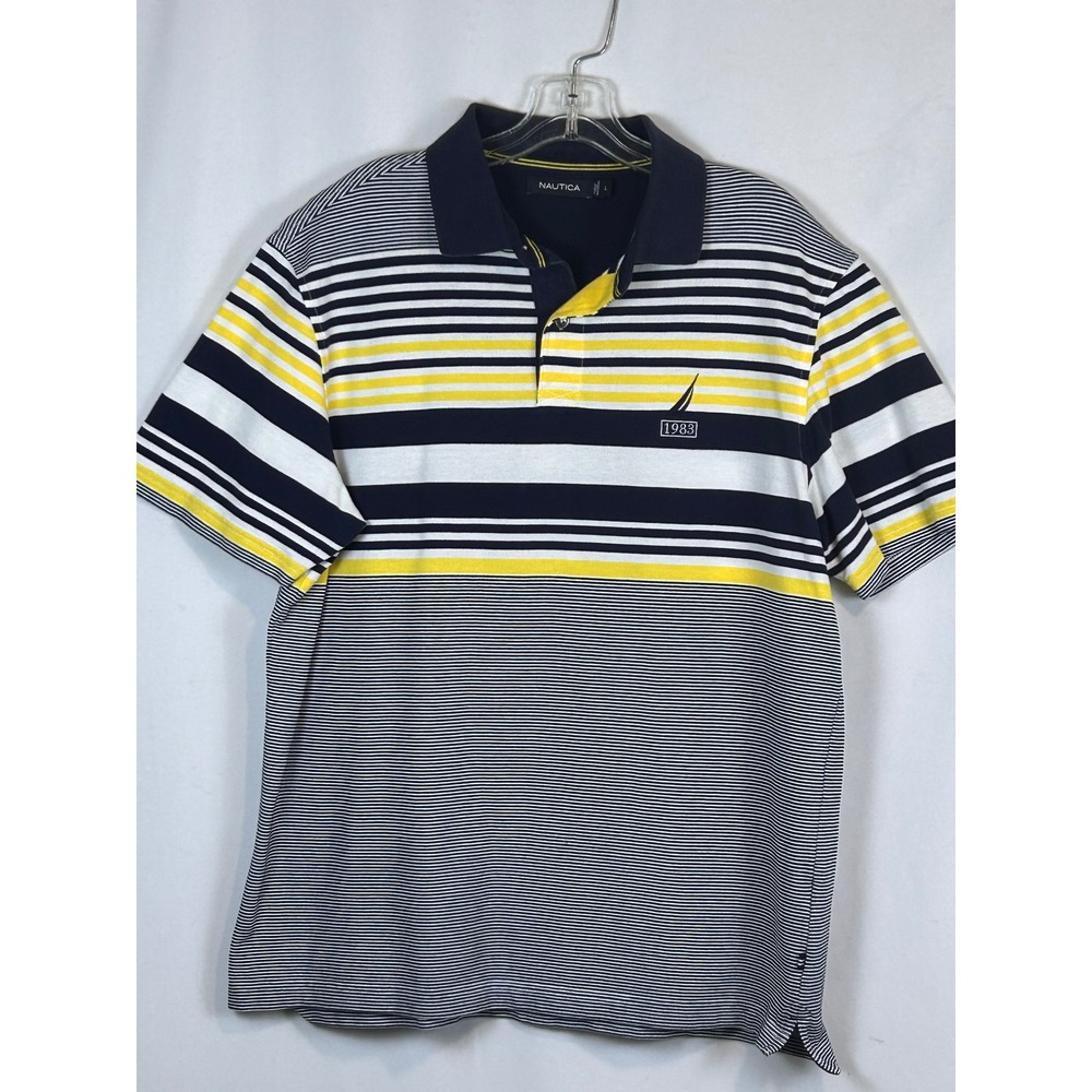 Nautica Mens Large Navy Blue Yellow Striped Short Sleeve 100% Cotton Polo Shirt